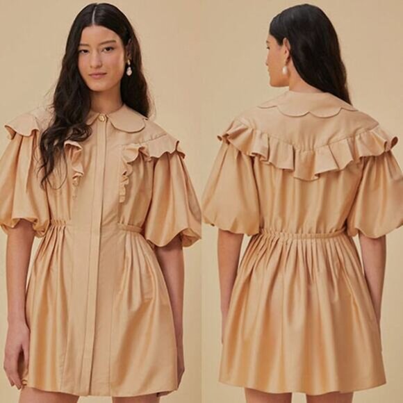 NWT Farm Rio Active Button Short Puffed Sleeve Pleated Mini Dress Beige Size: M - Picture 1 of 7